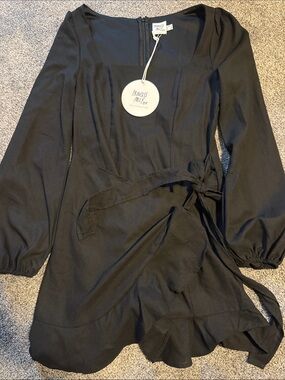 NWT Princess Polly Black Long Sleeve Wrap Dress with Ruffle Hem